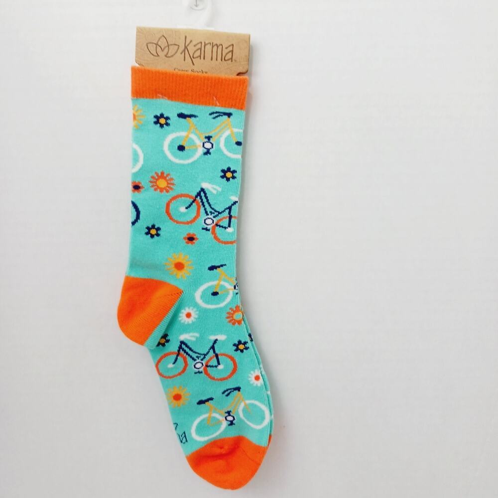 Women Boy Sock Crew Karma Bicycle Bike Cycle Flower Ride Blue Cotton NWT NEW